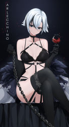 Rule 34 | 1girl, absurdres, arlecchino (genshin impact), arm behind back, ass, bare shoulders, black bra, black gloves, black hair, black panties, black thighhighs, bra, breasts, breasts apart, chain, chest harness, choker, closed mouth, collarbone, commentary, crossed legs, cup, drinking glass, feint721, garter straps, genshin impact, gloves, grey hair, hair between eyes, half gloves, hand up, harness, highres, holding, holding cup, lace, lace-trimmed bra, lace trim, large breasts, lingerie, looking at viewer, multicolored hair, multiple straps, off shoulder, paid reward available, panties, parted bangs, short hair, signature, sitting, solo, spaghetti strap, string bra, string panties, symbol-shaped pupils, thigh strap, thighhighs, thighs, two-tone hair, underwear, wine glass, x-shaped pupils