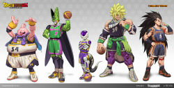 Rule 34 | 5boys, :d, alternate costume, armor, arms up, artist name, ball, bare shoulders, basketball, basketball (object), basketball uniform, black footwear, black shirt, black shorts, black skin, black socks, blonde hair, blue footwear, broly (dragon ball z), brown footwear, brown shirt, brown shorts, cell (dragon ball), character name, closed mouth, clothes around waist, collarbone, colored skin, crossed arms, dated, detached sleeves, dragon ball, facing viewer, fat, fat man, frieza, full body, gradient background, green jacket, green shirt, green shorts, green skin, grey background, grey footwear, grey skin, hand on own hip, height difference, highres, holding, holding ball, jacket, jacket around waist, long hair, looking at viewer, majin buu, male focus, multiple boys, muscular, muscular male, no pupils, open mouth, pink shirt, pink shorts, pink skin, pointy nose, purple jacket, purple lips, purple shirt, purple shorts, purple skin, raditz, see you, shirt, shoes, shorts, shoulder armor, smile, socks, sportswear, standing, tail, teeth, tentacle hair, tongue, tongue out, upper teeth only, very long hair, white footwear, white shirt, white shorts, white skin, wings, wristband, yellow footwear, yellow shirt, yellow shorts