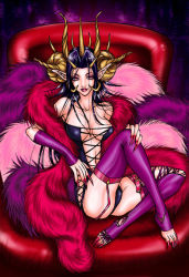 Rule 34 | black hair, breasts, chair, claws, cleavage, demon, demon girl, eyeshadow, feather boa, horns, lipstick, makeup, nail polish, pink eyes, pointy ears, sitting, thighhighs