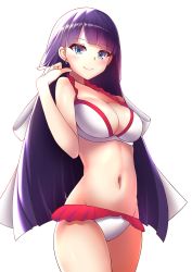 Rule 34 | 1girl, absurdres, artist request, bad id, bad pixiv id, bikini, blue eyes, blunt bangs, blush, breasts, cleavage, collarbone, fate/grand order, fate (series), highres, large breasts, long hair, looking at viewer, martha (fate), martha (swimsuit ruler) (fate), martha (swimsuit ruler) (third ascension) (fate), navel, purple hair, smile, solo, swimsuit, thighs, white bikini