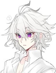 Rule 34 | 1boy, ?, antenna hair, collarbone, dress shirt, fate/apocrypha, fate (series), hair between eyes, hair intakes, haoro, male focus, messy hair, parted lips, partially unbuttoned, portrait, purple eyes, shirt, short hair, sieg (fate), simple background, solo, spoken question mark, unbuttoned, unbuttoned shirt, white background, white hair, white shirt
