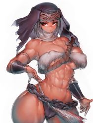 Rule 34 | 1girl, abs, armor, breasts, brown eyes, chain, chain belt, cropped legs, dark-skinned female, dark skin, elden ring, from software, fumio (rsqkr), fur bra, fur trim, gauntlets, grey hair, highres, large breasts, muscular, muscular female, nepheli loux, revealing clothes, rope, short hair, shoulder armor, thick thighs, thighs, vambraces, white background