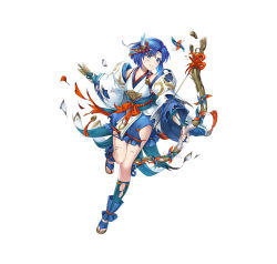 Rule 34 | 1girl, arrow (projectile), bare shoulders, blue eyes, blue hair, bow (weapon), catria (fire emblem), catria (winds offered) (fire emblem), clenched teeth, damaged, fire emblem, fire emblem: mystery of the emblem, fire emblem heroes, headband, holding, holding arrow, japanese clothes, nintendo, official alternate costume, official art, pelvic curtain, rope, sandals, shimenawa, short hair, sleeves past wrists, solo, teeth, torn clothes, v-shaped eyebrows, weapon, white background