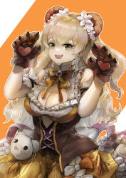 Rule 34 | 1girl, absurdres, animal ears, arm garter, bare shoulders, bear, bear ears, bear paws, bell, blonde hair, bow, bowtie, breasts, cleavage, cleavage cutout, clothing cutout, corset, cover, cover page, cowboy shot, cutout above navel, detached sleeves, dress flower, eyelashes, fang, flower, frilled skirt, frills, gradient hair, green eyes, hair flower, hair ornament, highres, hololive, jingle bell, large breasts, layered skirt, long hair, looking at viewer, momosuzu nene, multicolored hair, multicolored neckwear, neck bell, off shoulder, orange skirt, pink hair, short sleeves, skirt, skirt set, sleeveless, smile, solo, two side up, underbust, virtual youtuber, vyragami, yellow skirt