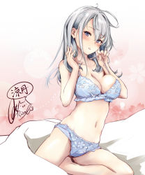 Rule 34 | 1girl, blue bra, blue eyes, blue panties, blush, bra, bra tug, breasts, hair between eyes, kantai collection, long hair, looking at viewer, medium breasts, navel, one side up, panties, parted lips, rizzl, sidelocks, signature, silver hair, smile, solo, stomach, suzutsuki (kancolle), twitter username, underwear, underwear only