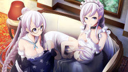 Rule 34 | 3girls, absurdres, apron, azur lane, belfast (azur lane), black gloves, blue eyes, braid, breasts, chain, cleavage, closed eyes, closed mouth, collar, commentary request, couch, criss-cross halter, curled up, dress, edinburgh (azur lane), elbow gloves, finger to mouth, from above, glasses, gloves, green neckerchief, halterneck, hand up, highres, index finger raised, indoors, lamp, lap pillow, large breasts, long hair, looking at viewer, lying, maid, maid apron, maid headdress, metal collar, multiple girls, neckerchief, nekobaka, on couch, on side, painting (object), parted lips, picture frame, purple hair, rug, sailor collar, shushing, sitting, sleeping, smile, table, unicorn (azur lane), very long hair, white dress, white gloves, white sailor collar