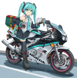 Rule 34 | 1girl, aqua eyes, aqua hair, aqua necktie, black footwear, black gloves, black skirt, black sleeves, black thighhighs, blouse, book, boots, closed mouth, collared shirt, commentary, detached sleeves, gloves, grey shirt, hair ornament, hatsune miku, headphones, highres, holding, holding book, honda, honda cb400, logo, looking at viewer, mikeran (mikelan), miniskirt, motor vehicle, motorcycle, necktie, on motorcycle, pleated skirt, road, shadow, shirt, skirt, smile, solo, thighhighs, twintails, vocaloid, white background, wing collar