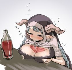 Rule 34 | 1girl, blue hair, blush, braid, breast hold, breasts, bust cup, cleavage, cleavage cutout, clothing cutout, drinking, drinking straw, female focus, hood, horns, large breasts, long hair, natsuhiko, pointy ears, red eyes, rumredda, sitting, solo, twin braids