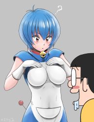Rule 34 | 1boy, 1girl, ?, artist name, ayanami rei, bell, black hair, blue hair, blush, blush stickers, bodysuit, breasts, closed mouth, cosplay, crossover, doraemon, doraemon (character), drooling, embarrassed, genderswap, genderswap (mtf), glasses, gloves, grey background, impossible bodysuit, impossible clothes, jingle bell, looking at another, looking at breasts, medium breasts, nobi nobita, opaque glasses, plus step, short hair, short sleeves, simple background, standing, staring, sweatdrop, tail, upper body, white gloves