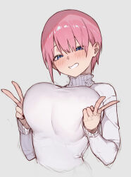 Rule 34 | 1girl, blue eyes, blush, breasts, cropped torso, double v, go-toubun no hanayome, grin, highres, large breasts, long sleeves, looking at viewer, nakano ichika, short hair, simple background, smile, solo, sooon, sweater, turtleneck, turtleneck sweater, upper body, v, white sweater