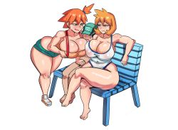 Rule 34 | 1boy, 1girl, 2girls, absurdres, adapted costume, asymmetrical hair, bare legs, blush, breasts, cowboy shot, creatures (company), denim, denim shorts, dual persona, game freak, gen 2 pokemon, green eyes, gym leader, highres, huge breasts, in-franchise crossover, large breasts, legs, legs together, misty (pokemon), multiple girls, navel, nintendo, nipples, one-piece swimsuit, one eye closed, orange hair, pokemon, pokemon (anime), pokemon (classic anime), pokemon hgss, pokemon masters ex, ponytail, red hair, scottie (pokemon), shirt, short hair, short shorts, shorts, side ponytail, simple background, smile, suspenders, swimsuit, tank top, thick thighs, thighhighs, thighs, underboob, white background, white one-piece swimsuit, wide hips, wink, yellow shirt, yellow tank top, ytrall