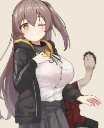 Rule 34 | 1boy, 1girl, ;), alternate breast size, anatomical nonsense, black jacket, blush, breasts, brown hair, closed mouth, commander (girls&#039; frontline), commentary, girls&#039; frontline, hair between eyes, hand on own chest, highres, hood, hood down, hooded jacket, jacket, large breasts, light brown background, long hair, long neck, looking at viewer, nicn0m, one eye closed, one side up, open clothes, open jacket, photo-referenced, pleated skirt, scar, scar across eye, shirt, shirt tucked in, simple background, skirt, smile, solo focus, ump45 (girls&#039; frontline), very long hair, white shirt, yellow eyes