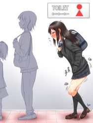 Rule 34 | 3girls, apotea, arrow (symbol), backpack, bag, black socks, black sweater, blue skirt, blush, breasts, brown footwear, brown hair, closed mouth, embarrassed, english text, faceless, faceless female, female focus, from side, full body, green eyes, hand in pocket, handbag, have to pee, heel up, highres, idolmaster, idolmaster cinderella girls, japanese text, kneehighs, leaning forward, long hair, long sleeves, miniskirt, multiple girls, necktie, nose blush, pants, pleated skirt, profile, queue, school uniform, shibuya rin, shirt, shoes, short hair, sign, skirt, small breasts, socks, solo focus, standing, striped neckwear, sweat, sweater, translation request, trembling, wavy mouth, white shirt