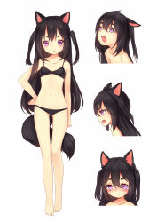 Rule 34 | 1girl, :d, animal ears, barefoot, black bra, black hair, black panties, blush, bra, character profile, collarbone, drooling, fang, frown, hand on own hip, highres, kyuri tizu, long hair, multiple views, navel, open mouth, original, panties, purple eyes, short eyebrows, sideways mouth, simple background, smile, tail, two side up, underwear, underwear only, white background, wolf ears, wolf tail