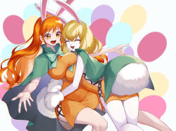 Rule 34 | 2girls, :d, animal ears, blonde hair, blush, cape, carrot (one piece), carrot (one piece) (cosplay), closed eyes, commentary, cosplay, crazy otama, dress, eyelashes, furry, furry female, gloves, green cape, hair ornament, happy, highres, long hair, looking at another, multiple girls, nami (one piece), one piece, open mouth, orange dress, orange eyes, orange hair, rabbit, rabbit ears, rabbit hair ornament, rabbit tail, short hair, smile, symbol-only commentary, tail, wavy hair