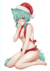 Rule 34 | absurdres, animal ears, barefoot, blue eyes, cat ears, christmas, covering privates, covering crotch, fox ears, green hair, highres, koro, looking at viewer, on ground, panties, red panties, red ribbon, ribbon, seiza, sitting, solo, sprinkles, swimsuit, tail, turquoise, underwear, virtual youtuber