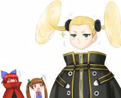 Rule 34 | &gt;:&lt;, 10s, 3girls, :&lt;, ^^^, aoki hagane no arpeggio, blonde hair, blush, bow, brown eyes, brown hair, cape, closed mouth, constricted pupils, crossover, disembodied head, female focus, glint, green eyes, hair ornament, hair ribbon, haruna (aoki hagane no arpeggio), long hair, looking at another, motion lines, multiple girls, open mouth, osakabe makie, red eyes, red hair, ribbon, sekibanki, simple background, spinning, surprised, touhou, turtleneck, twintails, v-shaped eyebrows, white background, wide-eyed, y.ssanoha