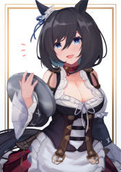 Rule 34 | 1girl, animal ears, bad id, bad pixiv id, bare shoulders, black hair, black sleeves, blue eyes, blue ribbon, blush, breasts, choker, cleavage, collarbone, commentary request, corset, detached sleeves, eishin flash (umamusume), hair between eyes, hair ornament, hand up, highres, holding, holding tray, horse ears, horse girl, horse tail, izumi roka, large breasts, layered sleeves, long sleeves, looking at viewer, medium hair, open mouth, parted lips, puffy short sleeves, puffy sleeves, red choker, red skirt, ribbon, short over long sleeves, short sleeves, simple background, skirt, smile, solo, striped clothes, striped skirt, tail, tray, umamusume, vertical-striped clothes, vertical-striped skirt, white background, white sleeves, wide sleeves
