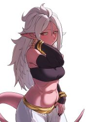 Rule 34 | 1girl, absurdres, android 21, arabian clothes, black nails, blush, breasts, colored skin, dragon ball, dragon ball fighterz, dragonball z, embarrassed, harem outfit, highres, jewelry, majin android 21, medium breasts, muscular, muscular arms, muscular female, navel, pink skin, pointy ears, red eyes, solo, spiked hair, tail, white hair, zequung, zquung