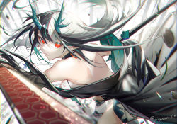 Rule 34 | 1girl, absurdres, aqua hair, arknights, back, black hair, black jacket, commentary request, dragon girl, dragon horns, dusk (arknights), highres, holding, holding sheath, holding sword, holding weapon, horns, huge filesize, jacket, long hair, looking at viewer, multicolored hair, off shoulder, open clothes, open jacket, pointy ears, red eyes, sheath, solo, streaked hair, sword, twitter username, two-sided fabric, two-sided jacket, weapon, yo-ba yo
