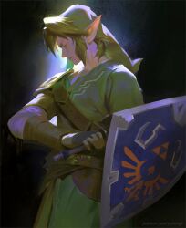 Rule 34 | 1boy, armor, black background, black gloves, blonde hair, coat, commentary, cowboy shot, english commentary, faux traditional media, fingerless gloves, from side, gloves, goddess sword, green coat, green hat, hat, highres, holding, holding shield, holding sword, holding weapon, hylian shield, link, male focus, nintendo, painterly, patreon username, pauldrons, pointy ears, profile, shield, short hair, shoulder armor, shoulder belt, simple background, single pauldron, solo, standing, sword, the legend of zelda, the legend of zelda: skyward sword, weapon, yuming li