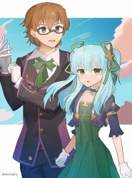 Rule 34 | 1boy, 1girl, ao no kiseki, arkchsky, blue sky, bow, brown eyes, brown hair, cloud, double-parted bangs, dress, eiyuu densetsu, formal, gloves, green eyes, hair between eyes, hair bow, lloyd bannings, looking at viewer, open mouth, puffy short sleeves, puffy sleeves, short sleeves, sidelocks, sky, smile, suit, tio plato, twintails, white gloves, zero no kiseki