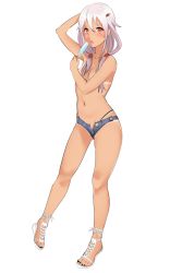 Rule 34 | 10s, 1girl, :o, breasts, cleavage, cutoffs, denim, denim shorts, drawfag, food, gradient hair, guilty crown, hair ornament, long hair, multicolored hair, nail polish, navel, no bra, open fly, open mouth, popsicle, red eyes, sandals, short shorts, shorts, small breasts, solo, tan, tanline, thong, toenail polish, toenails, unbuttoned, unzipped, yuzuriha inori