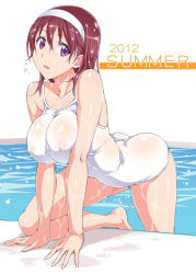 Rule 34 | 10s, 1girl, 2012, ass, blush, breasts, breasts squeezed together, hairband, kurara-chan (suzutsuki kurara), large breasts, long hair, looking at viewer, nipples, one-piece swimsuit, open mouth, original, pool, poolside, purple eyes, purple hair, red hair, solo, suzutsuki kurara, swimsuit, wet, white one-piece swimsuit