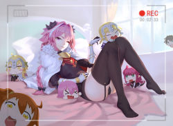 Rule 34 | 1boy, absurdres, astolfo (fate), bed, bed sheet, black bow, black gloves, black legwear, black panties, black shirt, bow, braid, buckle, bulge, chibi, cloak, commentary request, curtains, day, elizabeth bathory (fate), elizabeth bathory (fate/extra ccc), elizabeth bathory (first ascension) (fate), emblem, eyelashes, fang, fate/apocrypha, fate/grand order, fate (series), fujimaru ritsuka (female), fujimaru ritsuka (male), fur-trimmed cloak, fur collar, fur trim, garter straps, gauntlets, gloves, grin, hair between eyes, hair bow, hair intakes, half-closed eyes, hand up, highres, indoors, jeanne d&#039;arc (fate), jeanne d&#039;arc (ruler) (fate), jeanne d&#039;arc alter santa lily (fate), knees up, lips, llk (740486133), long hair, long sleeves, looking at viewer, male focus, mash kyrielight, multicolored hair, no shoes, on bed, one eye closed, panties, parted bangs, penis in panties, pillow, pink hair, purple eyes, recording, shirt, single braid, smile, solo focus, streaked hair, thighhighs, toes, trap, two-tone hair, underwear, viewfinder, white cloak, white hair, window