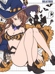 Rule 34 | 1girl, bare shoulders, beatrix (granblue fantasy), bikini, black bikini, breasts, brown eyes, brown hair, character name, cleavage, detached collar, detached sleeves, granblue fantasy, grid background, hat, highres, knees up, large breasts, legs, ll 0109, long hair, long sleeves, looking at viewer, orange bikini, ponytail, sitting, solo, striped bikini, striped clothes, swimsuit, witch hat