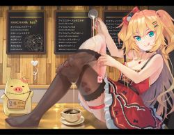 Rule 34 | 1girl, akai haato, akai haato (gothic lolita), aqua eyes, barefoot, black choker, black thighhighs, blonde hair, blush, bow, breasts, cafe, choker, cleavage, closed mouth, clothes pull, coffee, coffee cup, counter, cream, cup, disposable cup, dress, english text, feet, frills, haaton (akai haato), hair bow, hair ornament, hair ribbon, hairclip, highres, hololive, huge filesize, indoors, jewelry, knees up, long hair, looking at viewer, medium breasts, menu board, milk, necklace, on counter, pouring, pouring onto self, red dress, ribbon, short dress, sitting, smile, sock tea, soles, solo, spaghetti strap, strap slip, thigh strap, thighhighs, thighs, toes, tongue, tongue out, two side up, very long hair, virtual youtuber, yoshikawa hiro, zettai ryouiki