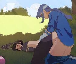 Rule 34 | 1boy, 1girl, :d, absurdres, ahegao, animal ears, blue hair, blush, come hither, commentary, commission, commissioner upload, crotchless, crotchless pantyhose, easter egg, egg, english commentary, english text, fake animal ears, fake tail, female pubic hair, field, fire emblem, fire emblem: genealogy of the holy war, fire emblem heroes, from behind, grass, half-closed eyes, headband, hetero, highres, larcei (fire emblem), meme attire, naughty face, nintendo, odatakai, open mouth, pantyhose, ponytail, pubic hair, rabbit ears, rabbit tail, reverse bunnysuit, reverse outfit, seductive smile, seliph (fire emblem), sex, sex from behind, sex toy, smile, smug, speech bubble, tail, thighs, tomboy, tongue, tongue out, top-down bottom-up, torn clothes, torn pantyhose