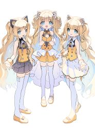 Rule 34 | absurdres, animal ear headphones, animal ears, bare shoulders, blonde hair, blue eyes, bow, cat ear headphones, cat ears, closed mouth, fake animal ears, flower, hair flower, hair ornament, headphones, highres, long hair, mechuragi, open mouth, own hands together, seeu, skirt, smile, standing, star (symbol), thighhighs, very long hair, vocaloid, white background, white thighhighs, zettai ryouiki