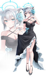 Rule 34 | 1girl, absurdres, animal ear fluff, animal ears, black dress, black footwear, blue archive, blue eyes, blue flower, blue halo, blush, breasts, cleavage, collarbone, cross hair ornament, dress, extra ears, flower, grey hair, hair flower, hair ornament, halo, high heels, highres, li se, low ponytail, medium breasts, medium hair, parted lips, shiroko (blue archive), simple background, solo, white background, wolf ears, zoom layer