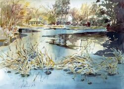 Rule 34 | akemisuisai, bare tree, building, day, grass, house, no humans, original, painting (medium), pond, reeds, reflection, reflective water, scenery, shadow, sunlight, traditional media, tree, tree shade, water, watercolor (medium)