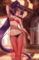 Rule 34 | 1girl, arm behind head, arm up, armlet, armpits, artist name, blue eyes, blurry, blurry background, bracer, breasts, choker, circlet, collarbone, commentary, dancer, depth of field, earrings, harem pants, high ponytail, highres, hoop earrings, jewelry, light smile, long hair, looking at viewer, navel, necklace, pants, personal ami, pointy ears, ponytail, purple choker, see-through, shantae, shantae (series), small breasts, solo, transparent harem pants, uncensored, very long hair