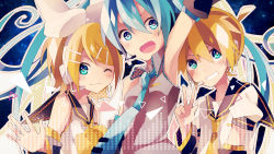 Rule 34 | 1boy, 2girls, aqua eyes, aqua hair, arm up, arm warmers, blonde hair, blue eyes, brother and sister, detached sleeves, gradient background, green hair, hair ornament, hair ribbon, hairclip, hatsune miku, headphones, headset, highres, kagamine len, kagamine rin, long hair, looking at viewer, multiple girls, necktie, open mouth, outstretched arm, ribbon, sailor collar, short hair, siblings, sleeveless, smile, snowfall0617, twins, twintails, upper body, v, very long hair, vocaloid