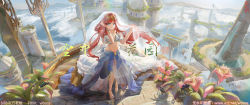 Rule 34 | 1girl, alternate costume, aqua eyes, backlighting, beads, blue skirt, blush, breasts, bridal veil, building, castle, chinese text, circlet, closed mouth, commentary request, day, english text, floating hair, flower, forehead jewel, full body, genshin impact, hands up, highres, jewelry, landscape, long hair, medium breasts, mixed-language commentary, nail polish, navel, necklace, nilou (genshin impact), no horns, outdoors, parted bangs, pixiv id, plant, red hair, sandals, scenery, skirt, sky, smile, stairs, stomach, toenail polish, toenails, twintails, veil, water, waterfall, watermark, wboss, web address