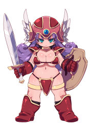 Rule 34 | 1girl, armor, bikini armor, blue eyes, blush, boots, closed mouth, dragon quest, dragon quest iii, full body, gloves, helmet, highres, holding, holding shield, holding sword, holding weapon, long hair, looking at viewer, navel, purple hair, red footwear, red gloves, shield, simple background, soldier (dq3), solo, square enix, standing, sword, weapon, white background, winged helmet, zankuro