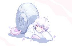Rule 34 | androgynous, antennae, full body, gender request, looking at viewer, original, pink eyes, ririkuto, shell, short hair, simple background, snail girl, solo, sweater, tail, white background, white hair, white sweater