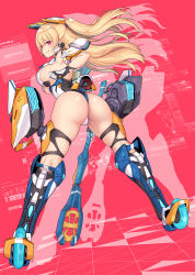 Rule 34 | 1girl, :q, ass, blonde hair, blush, breasts, gloves, headgear, highres, large breasts, long hair, looking at viewer, looking back, mecha musume, mechanical legs, nidy, original, red eyes, sideboob, smile, solo, tongue, tongue out, wheel
