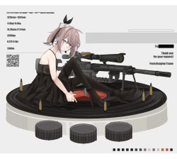 Rule 34 | 1girl, ammunition, anti-materiel rifle, bare arms, bare shoulders, black dress, black footwear, black pantyhose, bolt action, boots, brown hair, bullet, cheytac m200, color guide, commentary request, commission, dress, from side, girls&#039; frontline, grey background, gun, hair between eyes, high heel boots, high heels, highres, hugging own legs, knees up, looking at viewer, looking to the side, m200 (girls&#039; frontline), m200 (war correspondent) (girls&#039; frontline), name connection, object namesake, pantyhose, ponytail, purple eyes, qr code, rabb horn, rifle, rifle cartridge, scope, simple background, sitting, sleeveless, sleeveless dress, sniper rifle, solo, thank you, weapon