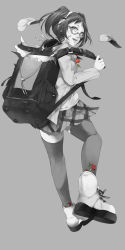 Rule 34 | 1girl, :d, backpack, bad id, bad pixiv id, bag, caligula (game), floral print, flower, full body, glasses, haruno14, highres, monochrome, morita naruko, open mouth, school uniform, short twintails, skirt, smile, solo, spot color, thighhighs, torn clothes, twintails, zettai ryouiki