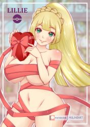 Rule 34 | 1girl, absurdres, alternate breast size, blonde hair, box, breasts, creatures (company), food, game freak, heart-shaped box, highres, holding, holding food, large breasts, leg wrap, lillie (pokemon), looking at viewer, misune art, nintendo, pokemon, pokemon sm, red ribbon, ribbon, ribbon bra, smile