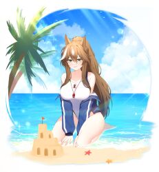 Rule 34 | 1girl, absurdres, animal ears, arknights, beach, between legs, blue jacket, breasts, brown hair, commentary, day, full body, green eyes, hair between eyes, hand between legs, highres, horizon, horse ears, horse girl, hyeroin, jacket, large breasts, lens flare, long hair, long sleeves, looking at viewer, meteor (arknights), multicolored hair, ocean, off shoulder, one-piece swimsuit, outdoors, palm tree, plant, ponytail, sand castle, sand sculpture, sidelocks, sitting, smile, solo, streaked hair, sunlight, swimsuit, tree, water, whistle, whistle around neck, white hair, white one-piece swimsuit