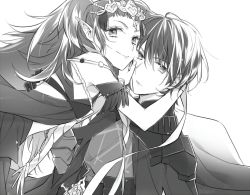 Rule 34 | 1boy, 1girl, byleth (fire emblem), byleth (male) (fire emblem), cheek pinching, face grab, fire emblem, fire emblem: three houses, hand on another&#039;s face, highres, hug, long hair, monochrome, nintendo, pinching, sothis (fire emblem), tiara