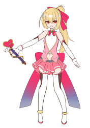Rule 34 | bare shoulders, blonde hair, character request, clothing cutout, elbow gloves, fang, full body, gloves, hair ribbon, kill time communication, kutan, long hair, magical girl, miniskirt, navel, navel cutout, pink skirt, ponytail, red eyes, ribbon, simple background, skirt, solo, thighhighs, wand, white background, white gloves