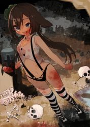 Rule 34 | 1girl, absurdres, bare shoulders, black footwear, black panties, black thighhighs, blood, blood on clothes, blood on face, blood on ground, blue eyes, bone, breasts, brown hair, clover hair ornament, corpse, detached collar, drawfag, dutch angle, fangs, female focus, footwear bow, full body, hair between eyes, hair ornament, happy, highres, horizontal-striped legwear, kiyomi pyon-pyon, long hair, lower teeth only, open mouth, outdoors, panties, rabbit ears, revision, ribs, skeleton, skull, sleeveless, slippers, small breasts, solo, standing, striped clothes, striped thighhighs, suspenders, teeth, thighhighs, thong, two-tone legwear, underwear, v-neck, vest, virtual youtuber, white thighhighs, white vest, wing collar