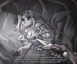 Rule 34 | 1girl, animal nose, breasts, cat girl, cave, claws, cleavage, commentary, commission, cropped legs, dagger, dress, english commentary, english text, fluffy, furry, furry female, gem, green gemstone, greyscale, holding, holding dagger, holding knife, holding weapon, indoors, jewelry, knife, large tail, long hair, looking down, marriage proposal, medium breasts, monochrome, monster girl, off shoulder, ornate ring, pointy ears, pov, pov hands, princess, princess (slay the princess), ring, slay the princess, tail, tail raised, talons, the hero (slay the princess), the witch (slay the princess), weapon, wedding ring, witch, worried, wwwjam