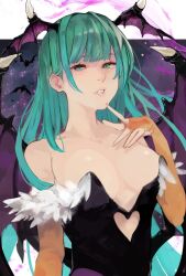 Rule 34 | 1girl, black leotard, blunt bangs, breasts, cleavage, clothing cutout, green eyes, green hair, head wings, heart cutout, highres, leotard, levvellevvel, long hair, looking at viewer, morrigan aensland, parted lips, solo, strapless, strapless leotard, upper body, vampire (game), wings